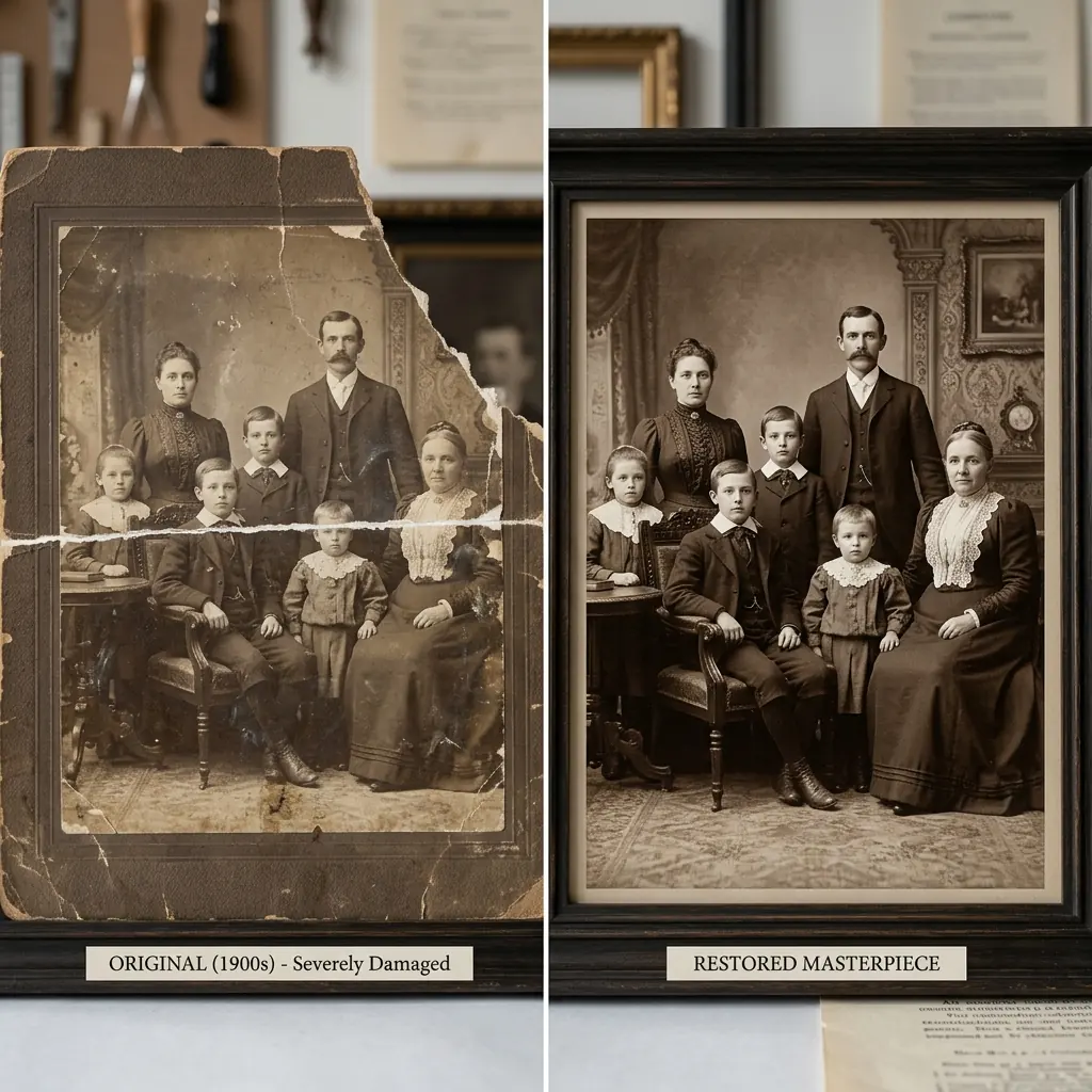 FixMyPhoto AI 修复严重撕裂的老照片